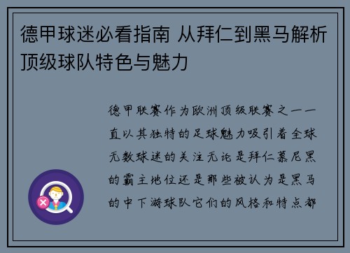 德甲球迷必看指南 从拜仁到黑马解析顶级球队特色与魅力